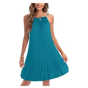 Ellames Women's Summer Spaghetti Strap Pleated Casual Swing Dress w/ Belt Teal